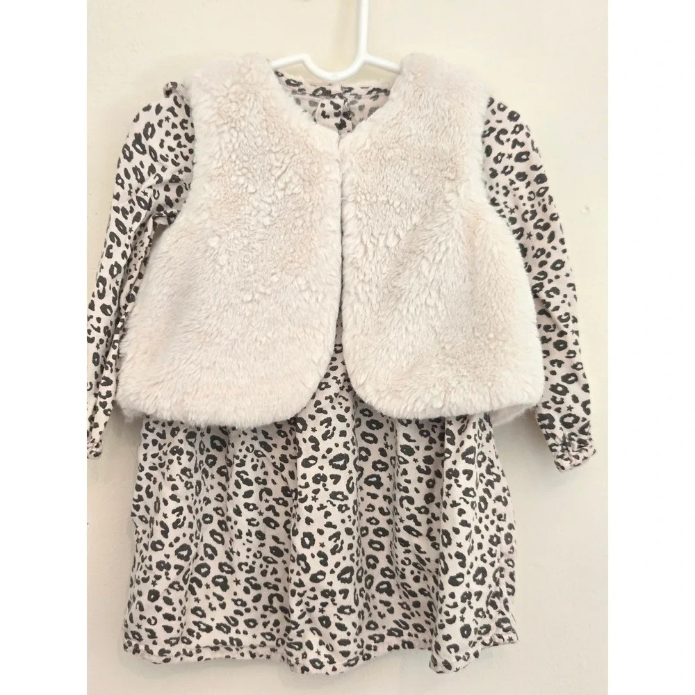 George Baby Girl Leopard Print Dress and Faux Fur Vest Set 18-24 Months‎ Cream